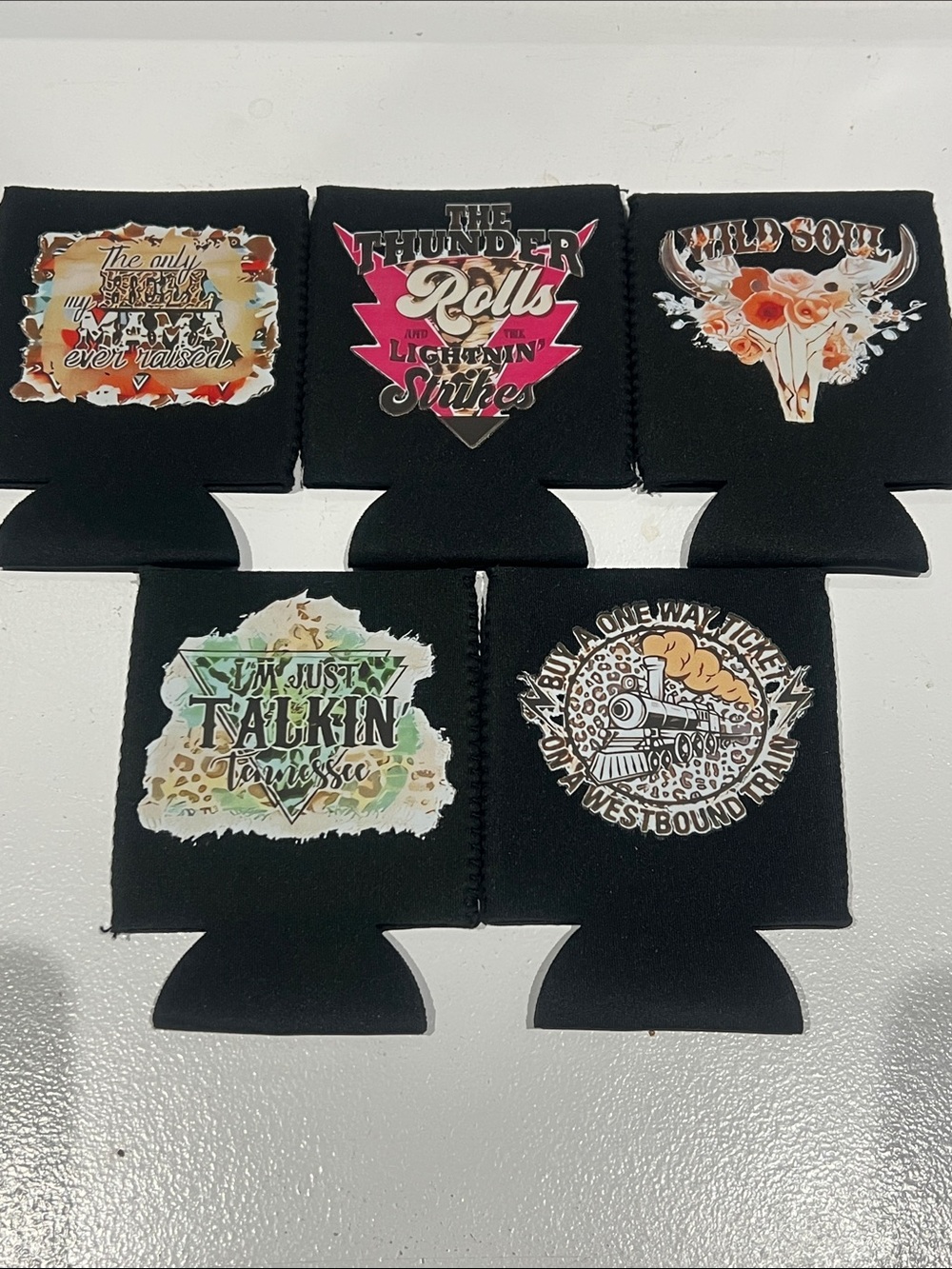 New Western Set of 5 Black Can Coolers with Graphic Patches